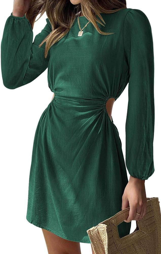 LILLUSORY Womens 2023 Fall Cotton Linen Cutout Short Long Sleeves Mini Dresses | Amazon (US)