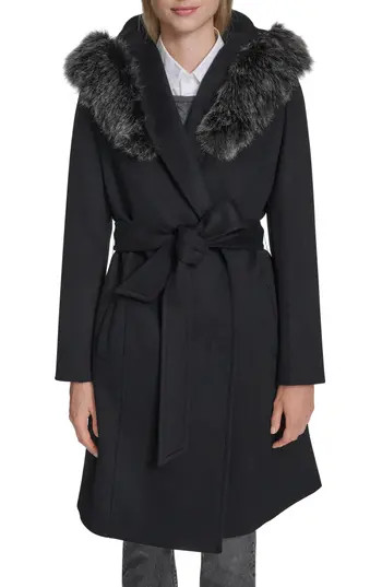 Cole Haan Slick Wool Blend Coat with Faux Fur Trim Hood in Black at Nordstrom Rack, Size 6 | Nordstrom Rack