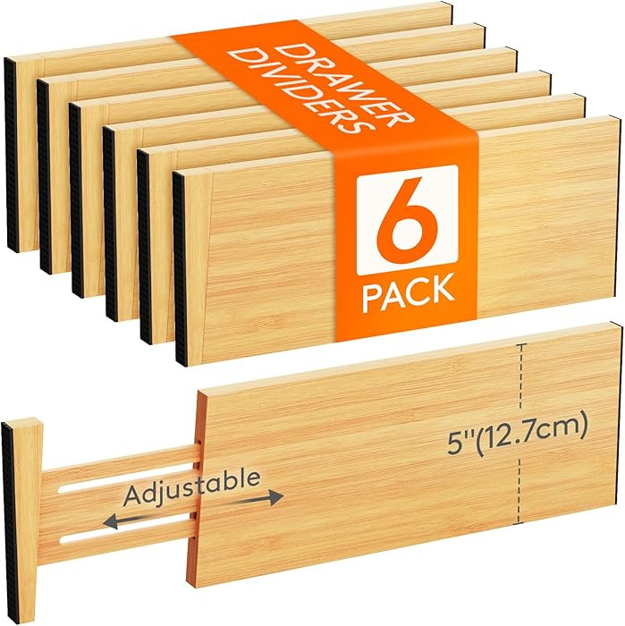Lifewit 5" High 6 Pack Bamboo Drawer Dividers 33-42cm/13-16.5" Adjustable Wooden Drawer Organizer... | Amazon (US)