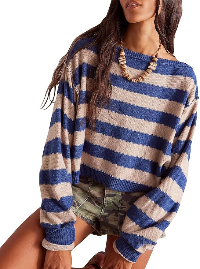 Womens Striped Crop Sweater Oversized Boat Neck Ribbed Sweater Long Sleeve Lightweight Pullover L... | Amazon (US)