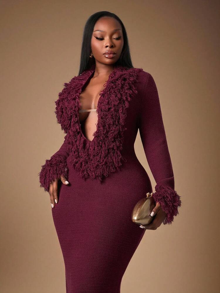 Radiana Plus Size Fashionable Sexy Fringe Decor Deep V-Neck Maxi Knit Dress In Fall/Winter Harlem... | SHEIN