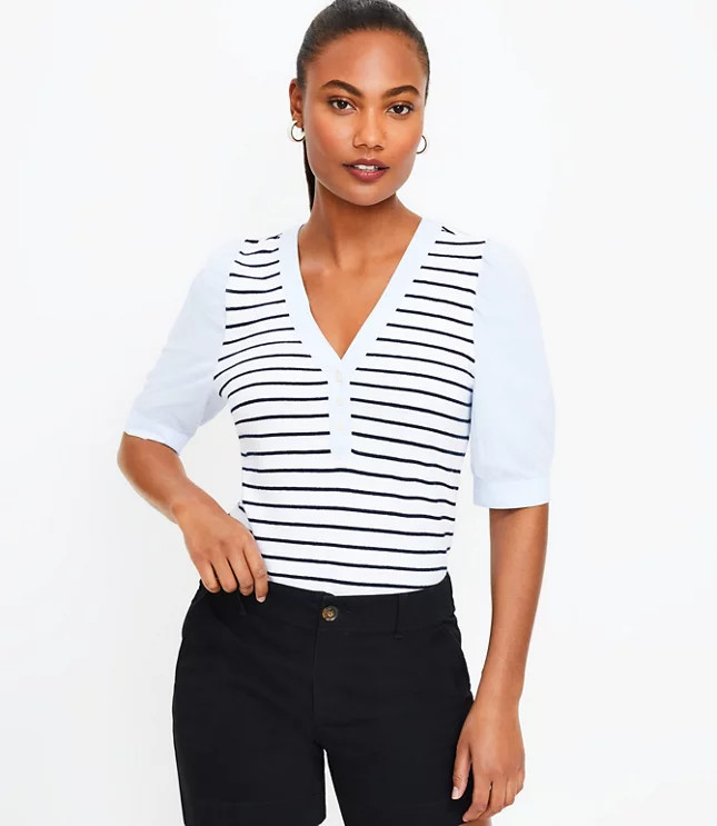 Striped Henley Mixed Media Top | LOFT