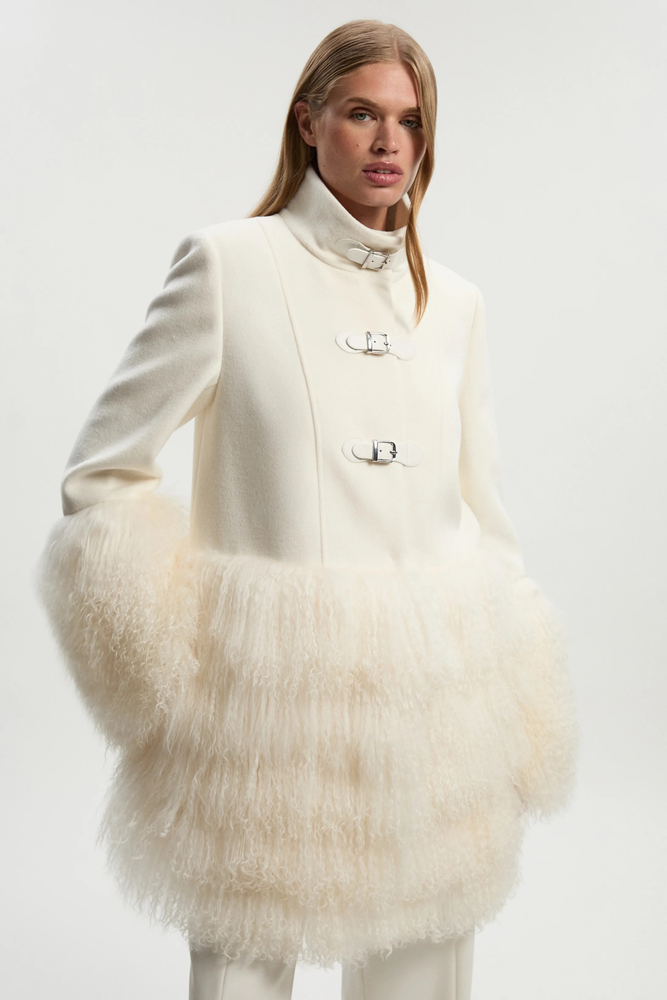 Brushed Wool And Shearling Buckle Detail Short Tailored Coat | Karen Millen | Karen Millen UK + IE + DE + NL