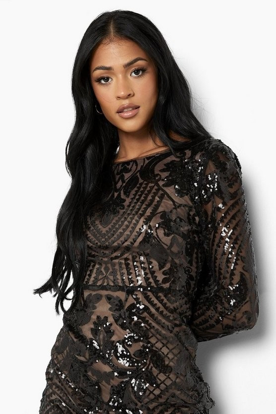 Tall Damask Sequin Cowl Back Mini Dress | Boohoo.com (US & CA)
