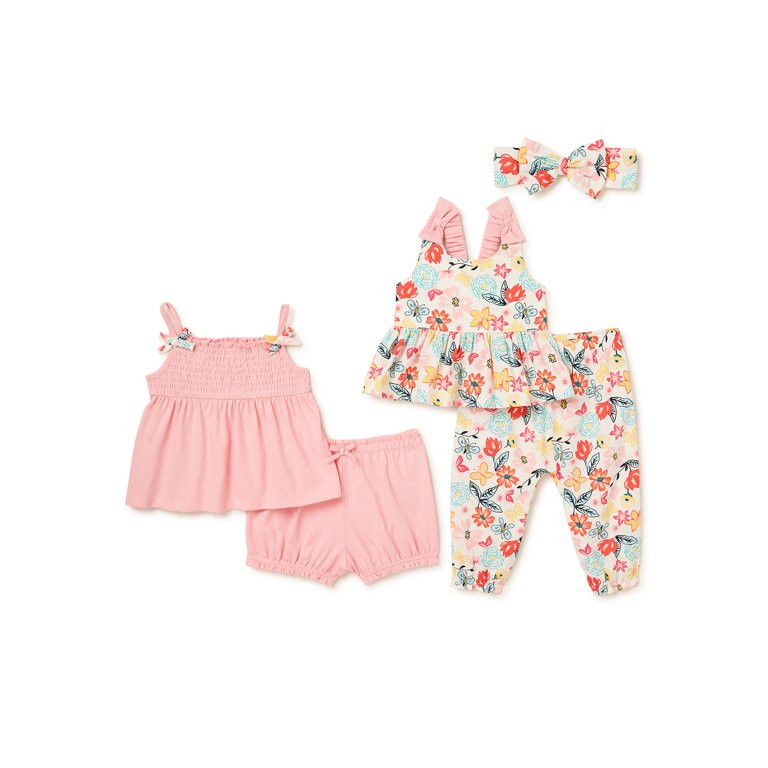 Wonder Nation Baby Girls' Tank Top, Tunic Top, Shorts, Pants and Headband Outfit Set, 5-Piece - W... | Walmart (US)