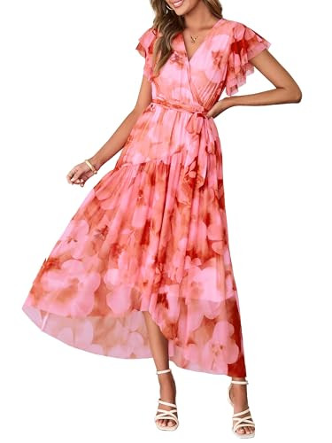 Simplee Womens Summer Floral Maxi Dress 2026 Short Sleeve V Neck Belted Mesh Hem Split Flowy Beac... | Amazon (US)