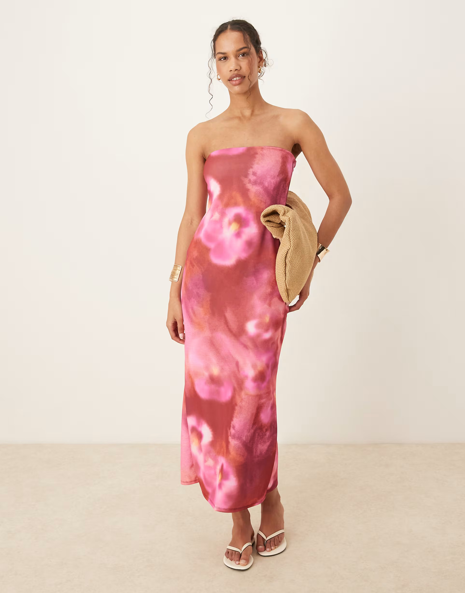 ASOS DESIGN bandeau  midi dress in pink floral print in scuba-style fabric | ASOS | ASOS (Global)