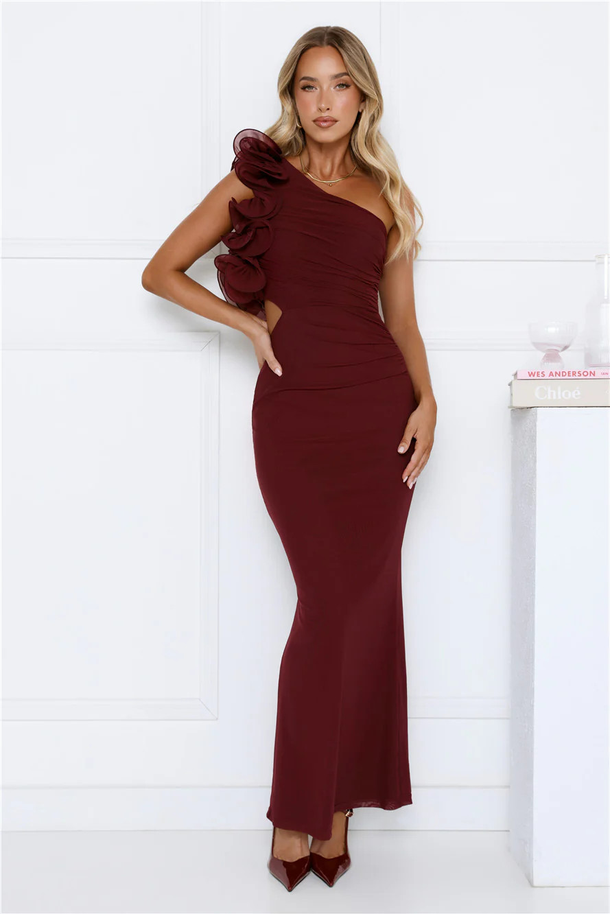 Luxe By Moonlight One Shoulder Mesh Maxi Dress Wine | Hello Molly (US)