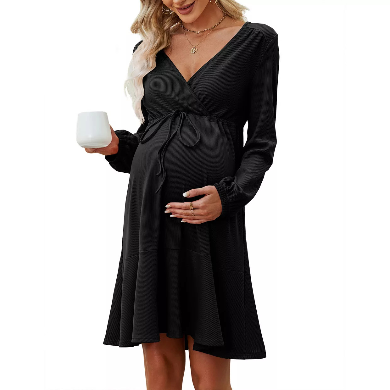 Women's Maternity Dress Long Sleeve Wrap Ribbed Drawstring Nursing Dress Ruffle Hem Lounge Dresse... | Kohl's