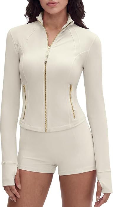 SUUKSESS Women Golden Zipper Lightweight Cropped Jackets with Thumb Holes | Amazon (US)