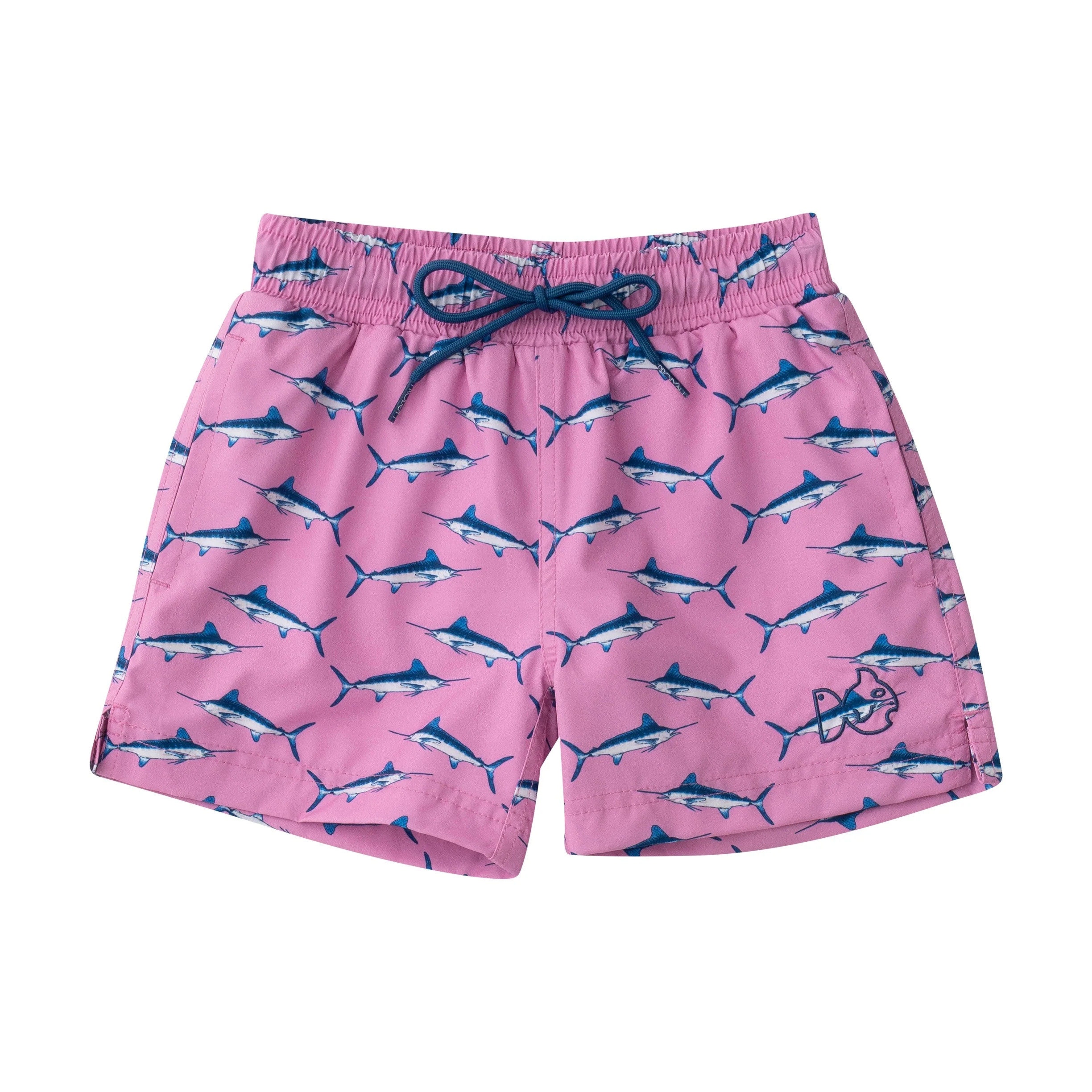 Boys Boogie Board Swim Trunk in Blue Marlin Print on Fuchsia Pink | PRODOH