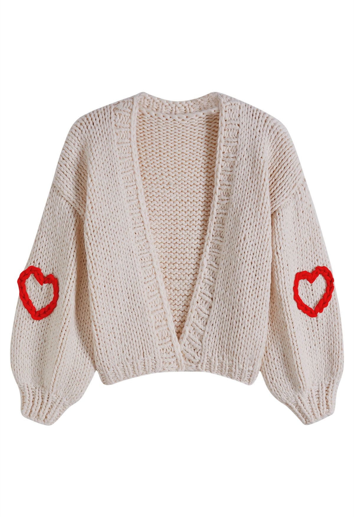 Girly Heart Puff Sleeve Open Front Hand Knit Cardigan in Ivory | Chicwish