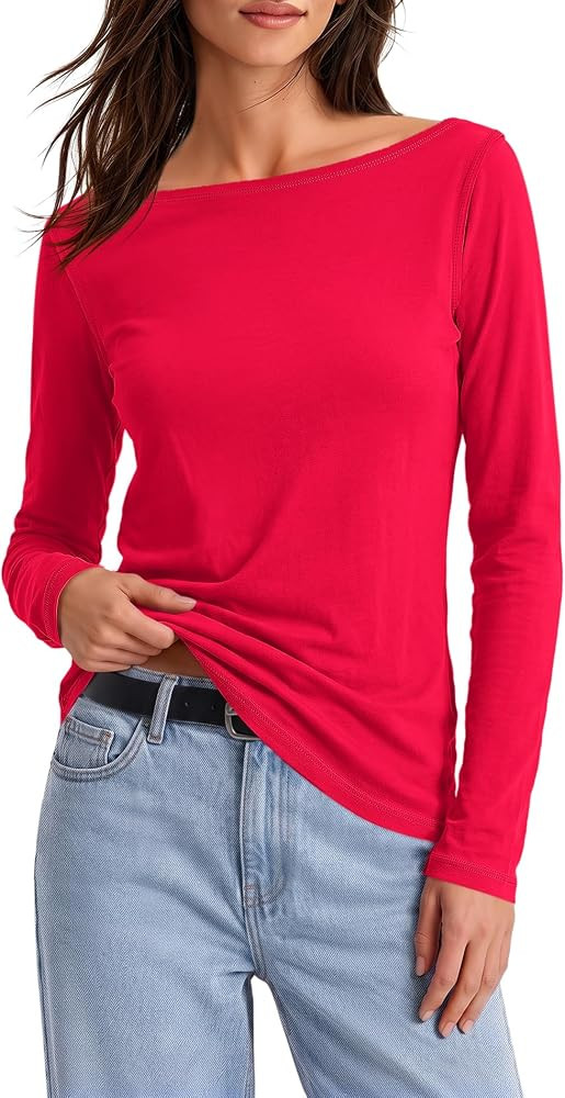 ReachMe Women's Boat Neck Long Sleeve Shirts Fitted Knit Tops | Amazon (US)