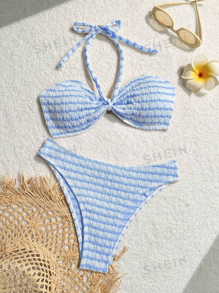 SHEIN Swim Vcay Women's Summer Beach Stripe Halter Neck Bikini Set With Sexy Bottoms | SHEIN USA | SHEIN