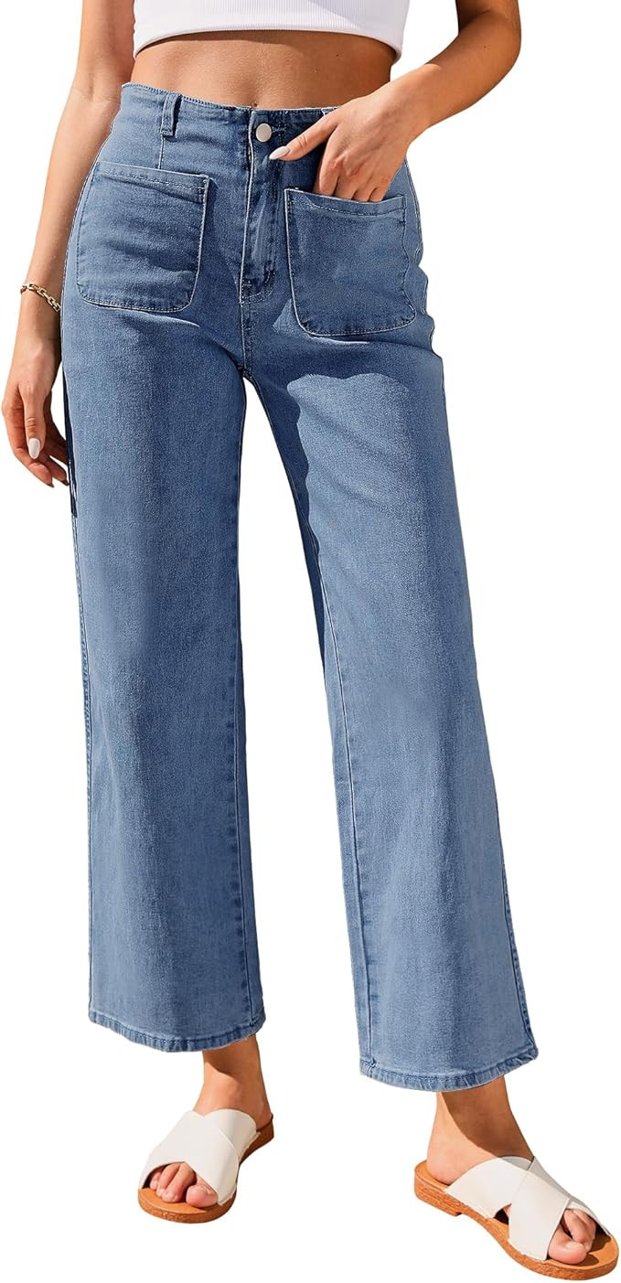 GRAPENT Wide Leg Jeans for Women High Waisted Straight Leg Stretchy Cropped Denim Pants with Pock... | Amazon (US)