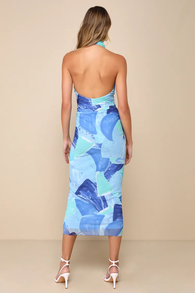 Idyllic in Ibiza Blue Abstract Print Mock Neck Halter Midi Dress | Lulus