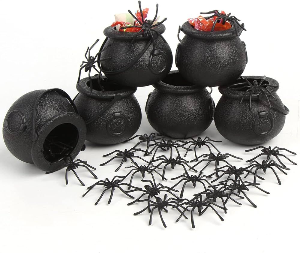 FOIMAS Mini Black Cauldron,6pcs Halloween Plastic Candy Kettle Bucket with 50pcs Spiders Decor fo... | Amazon (US)