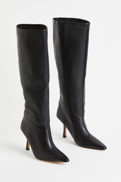 Knee-high heeled leather boots - Black - Ladies | H&M GB | H&M (UK, MY, IN, SG, PH, TW, HK)
