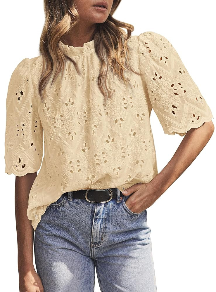 PRETTYGARDEN Summer Tops for Women 2025 Trendy Short Sleeve Eyelet Embroidered Dressy Casual Blou... | Amazon (US)
