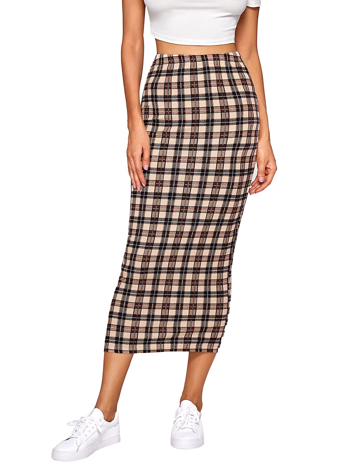 Verdusa Women's Elegant Plaid Elastic Waist Bodycon Midi Skirt | Amazon (US)