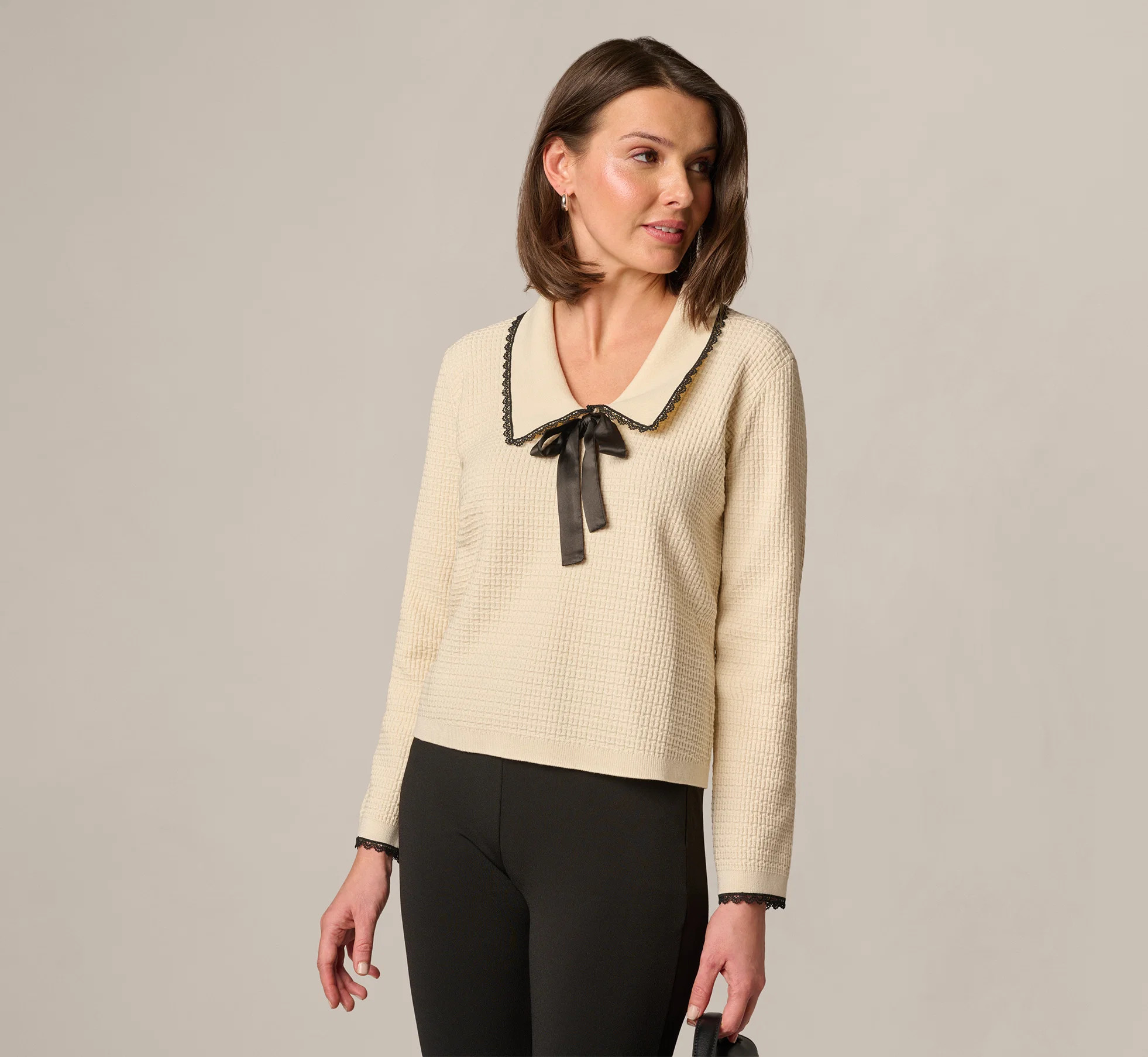 White Waffle Weave Bow Collar Pullover Sweater - Adrianna Papell | Adrianna Papell