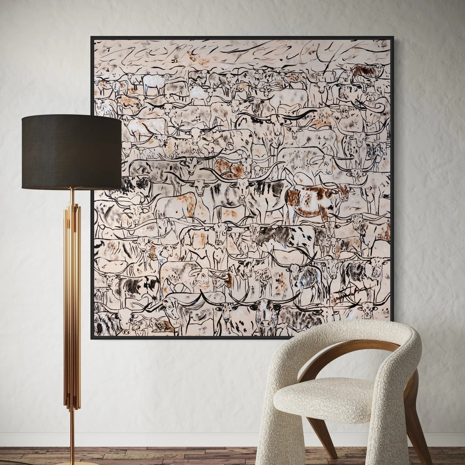 NEW! Lonestar Herd of Cattle Abstract Canvas Wall Art, Mid Century Modern Original Art Print, Lar... | Etsy (US)