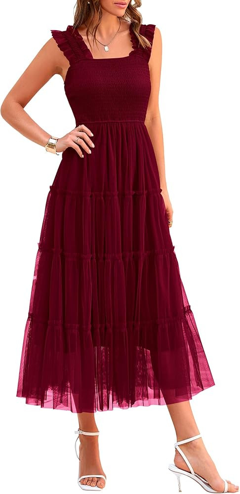 PRETTYGARDEN Women's Summer Midi Tulle Dress Sleeveless Smocked Square Neck Ruffle Flowy Party We... | Amazon (US)