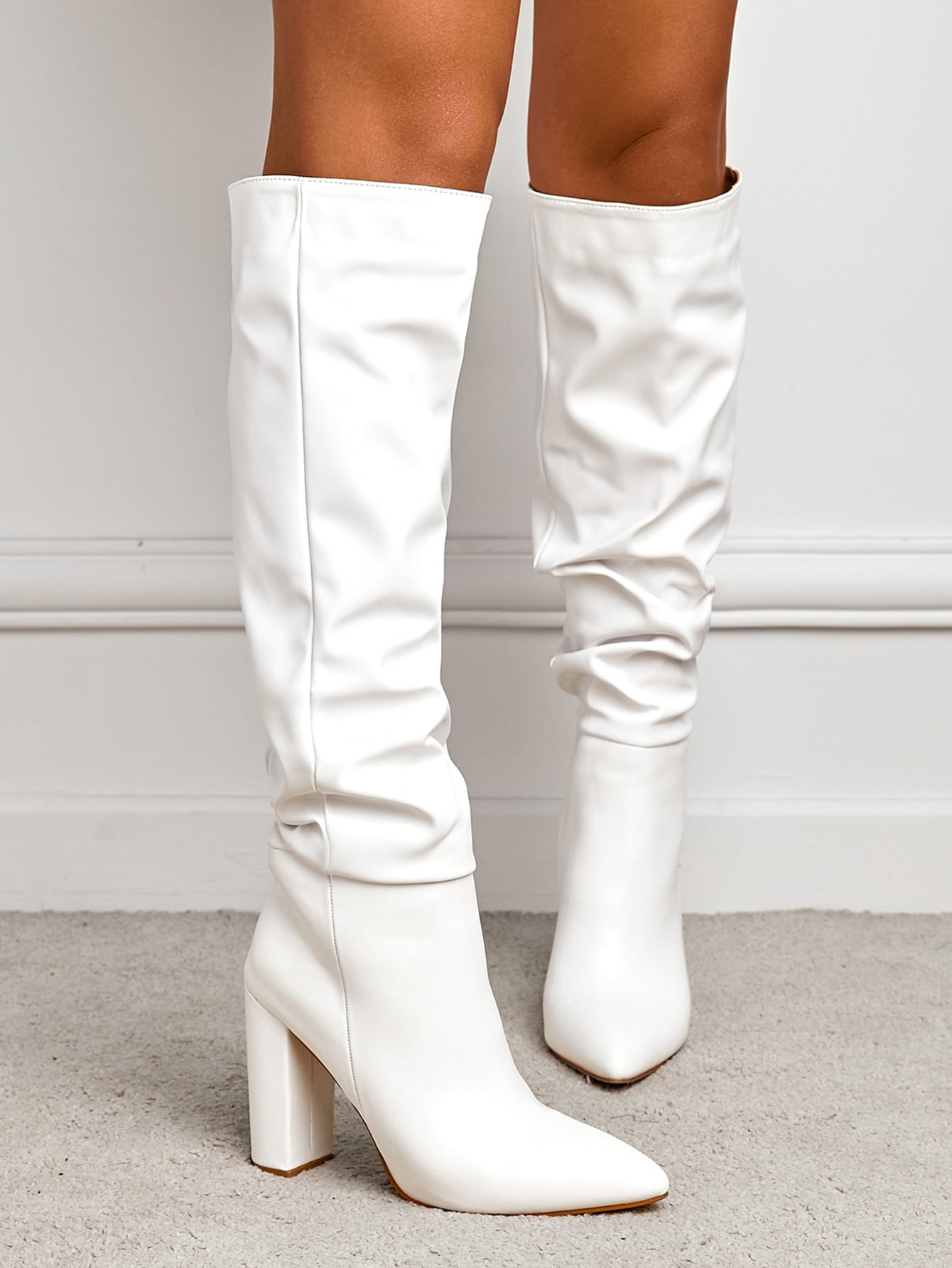 Ladies' Fashionable Pointed Toe Chunky Heel Slip-On Pu White Boots & Knee-High Boots & Winter War... | SHEIN