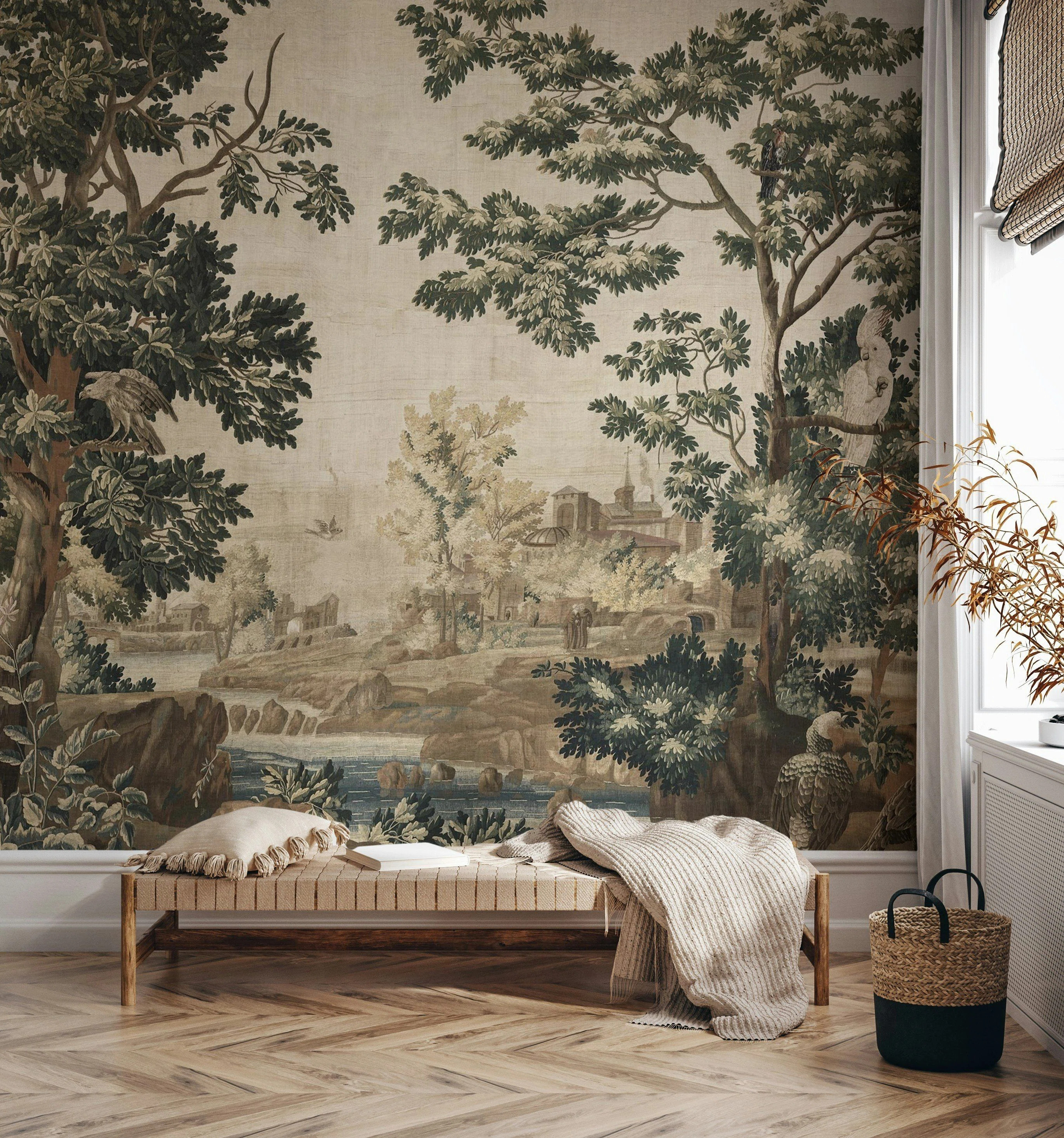 Vintage Landscape Wallpaper Trees, Birds and Serene Outdoor Scene Wall Mural | Wayfair North America