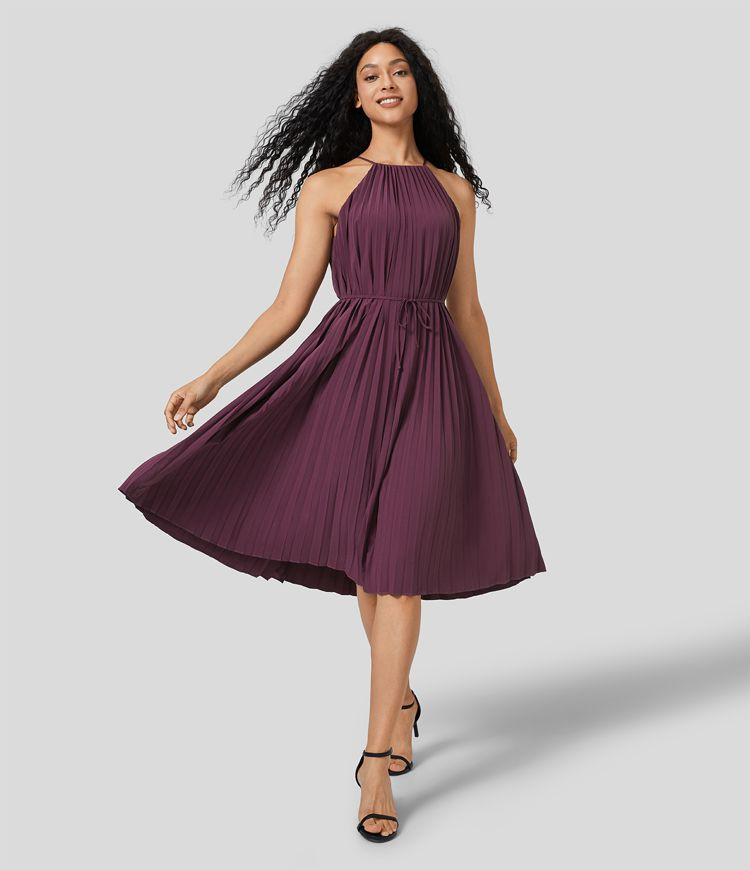 Women’s Breezeful™ Halter Tie Back Sleeveless Plisse Belted Quick Dry Midi Casual Dress - Hal... | HALARA