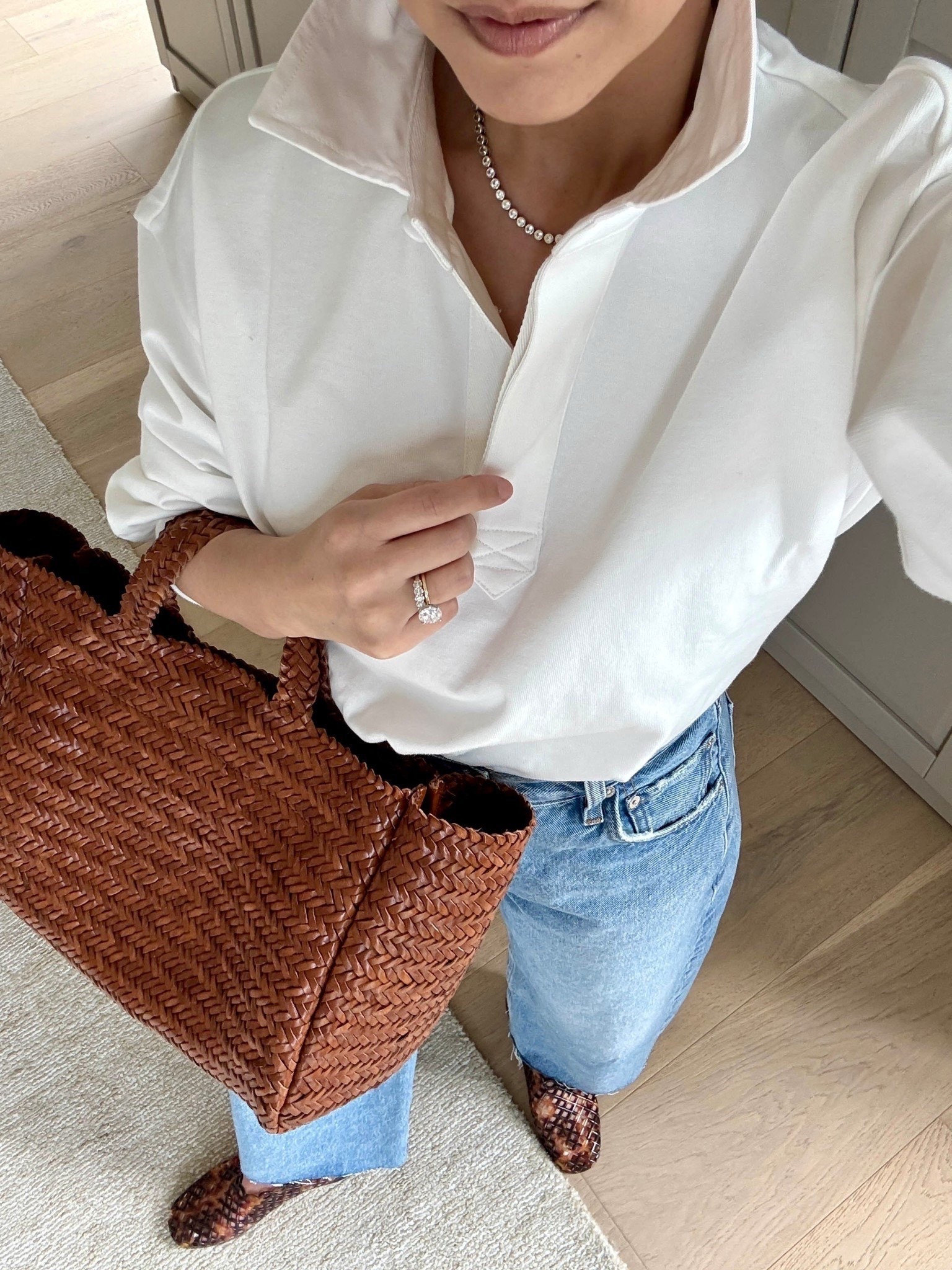 Spring outfit ideas. Love how a rugby shirt elevates a simple outfit. 

@Tuckernuck  polo small - thick 
Cotizens of humanity Ayla jeans 24 - size down 
Steve Madden Jelly flats 5 - run a little roomy. 
Marea tote - sold out, linked similar. 
Quince earrings
Celine sunglasses 
Dorsey James necklace 15”

Petite style, spring outfits 2026, 



#LTKmomlife #LTKootd #LTKPetite