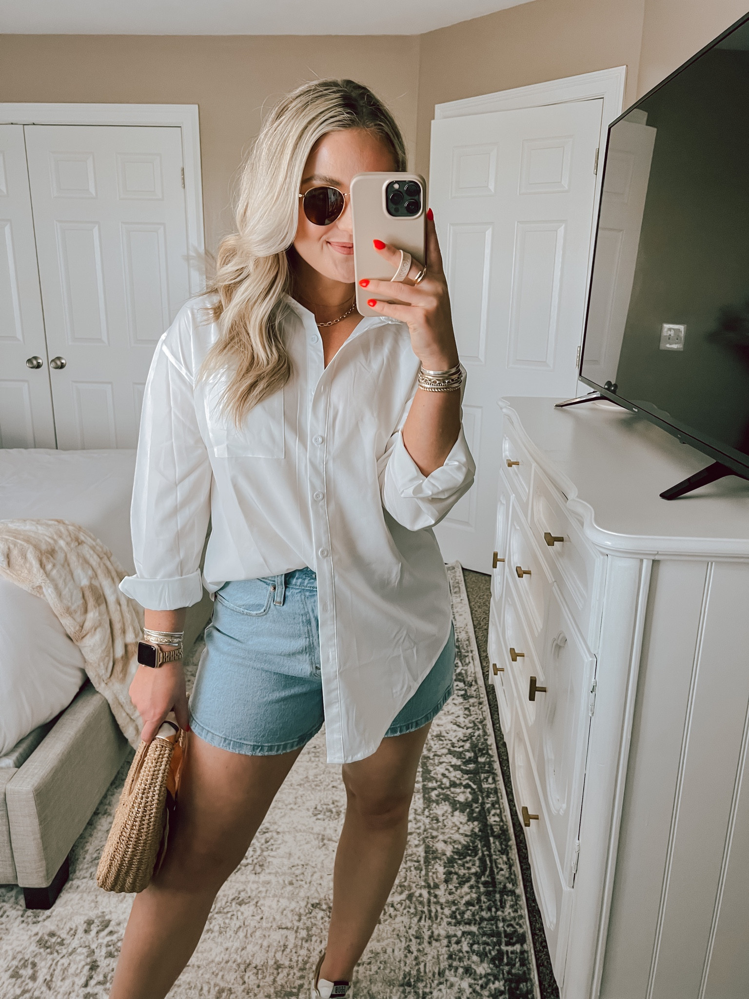 casual summer outfit inspo 
Amazon oversized button down: medium 
Abercrombie shorts: 28

Amazon / casual style / casual outfit idea / outfit inspo / closet staple / basics 
