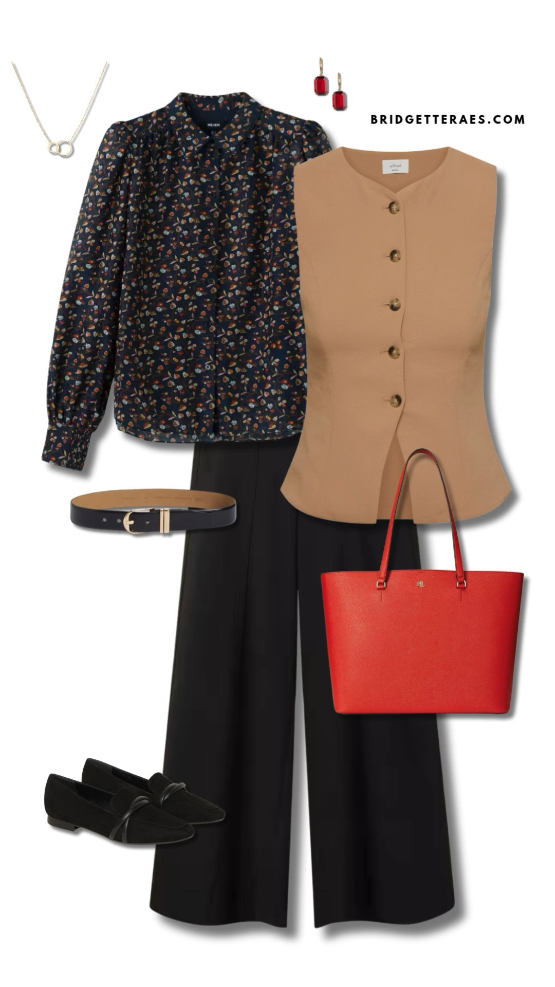 A floral navy blouse layered under a tailored tan vest adds visual interest and modern structure, while black wide-leg trousers project confidence and professionalism. The bold red tote injects just the right amount of power color without overwhelming the ensemble, echoing the red drop earrings for a coordinated finish. Black loafers ground the look in practicality, while gold-toned jewelry adds polish without excess. It’s a smart, elevated look for presentations, strategic meetings, or a day of decisive leadership.

#LTKWorkwear #LTKShoeCrush #LTKStyleTip
