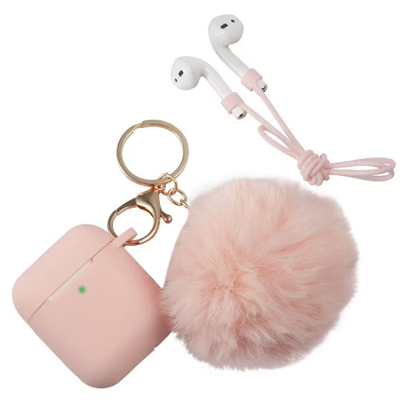 Insten Fluffy Pom Pom Case For Airpods 1 / 2, Silicone Case with Keychain & Anti-Lost Strap, Soft... | Target