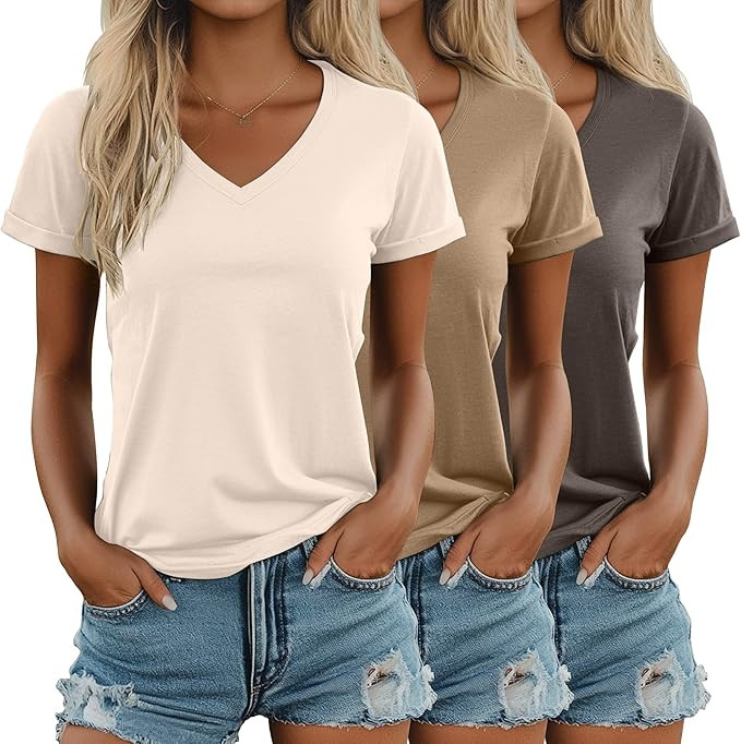 Ficerd 3 Pack Women's V Neck T Shirts, Summer Casual Short Sleeve Tops Loose Fit Rolled Sleeve Te... | Amazon (US)