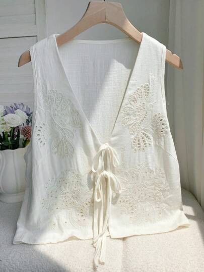 Comfortcana Vacation Outfits  Woven White Hollow Embroidery Lace-Up Tank Top Embroidered Blouse | SHEIN