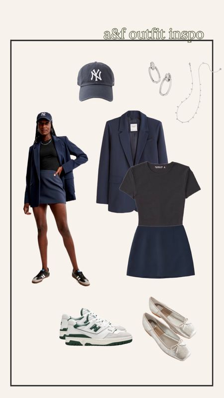 abercrombie outfit inspo - blazer and skirt matching set, new balance 550 sneaker, silver ballet flats, silver jewelry 

#LTKsalealert #LTKSale #LTKshoecrush
