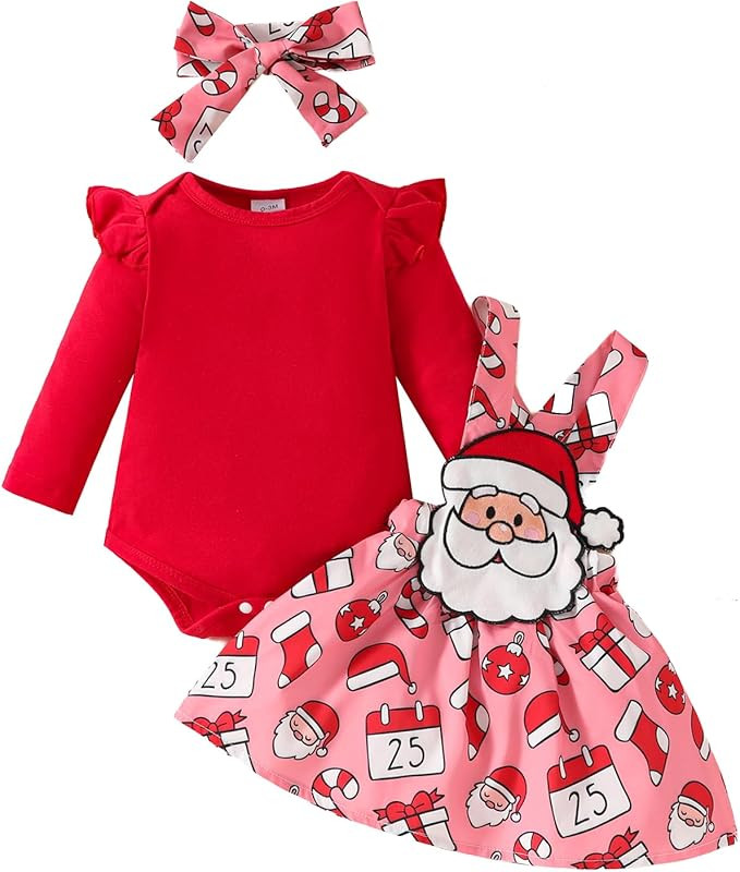 Newborn Baby Girl Christmas Outfits Ruffle Long Sleeve Romper Gingerbread Man Suspender Dress Fal... | Amazon (US)
