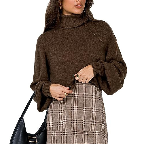 Women's Crop Turtleneck Sweater Lantern Sleeve Solid Color Oversized Chunky Knit Sweater Pullover Jumper Tops (Brown, L) | Amazon (US)
