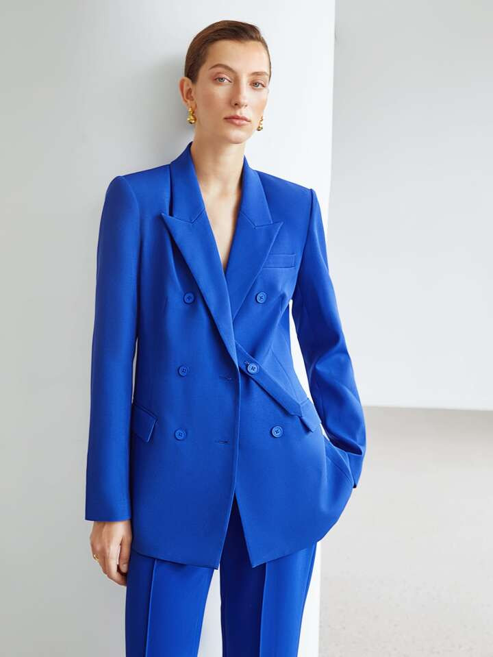 MOTF PREMIUM DOUBLE-BREASTED STRAP BLAZER | SHEIN