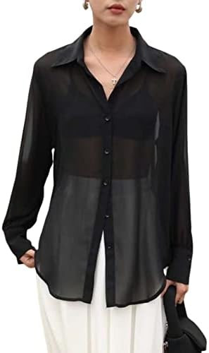 Arssm Sheer Tops for Women Sheer Button Up Blouse Long Sleeve Sexy See Through Tops Mesh Shirts | Amazon (US)