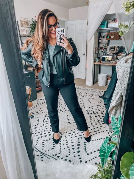 Walmart fashion Faux leather jacket xl 3/4 sleeve bodysuit xl Pull on work pants have great stretch I would prefer an xl (wearing a large as a size 14)

#LTKworkwear #LTKunder50 #LTKcurves