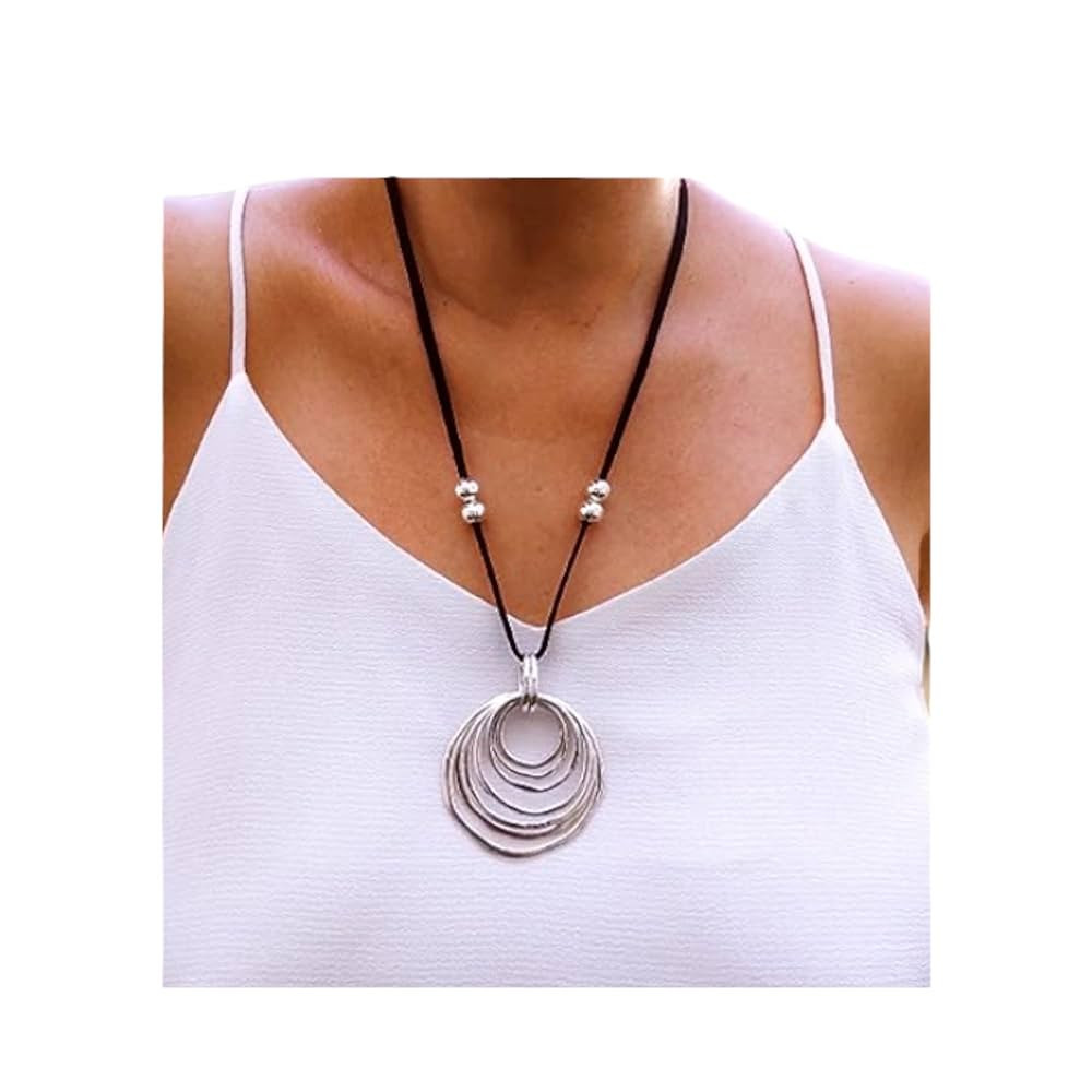 Long women necklace, Black leather necklace for women, Multi ring silver metal pendant necklace f... | Amazon (US)
