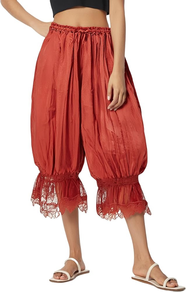 UAURORAO Women Lace Trim Long Bloomers Elastic Mid Rise Ruffle Pantaloons Cropped Flared Slips Pa... | Amazon (US)