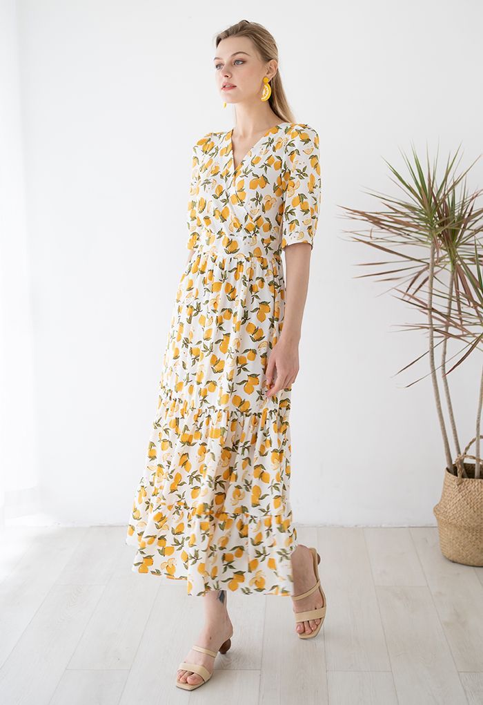 Summer Lemon Print Frilling Wrapped Dress | Chicwish