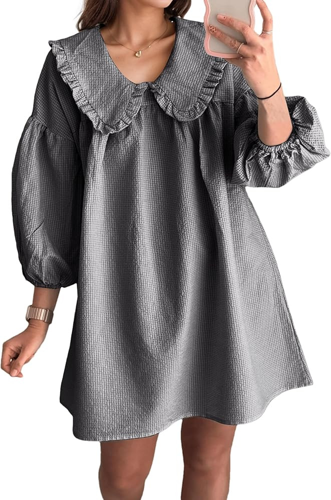 Women Babydoll Puff Long Sleeve Mini Dress Lapel Doll Collar Y2K Gingham Print Plaid Ruffle Short... | Amazon (US)
