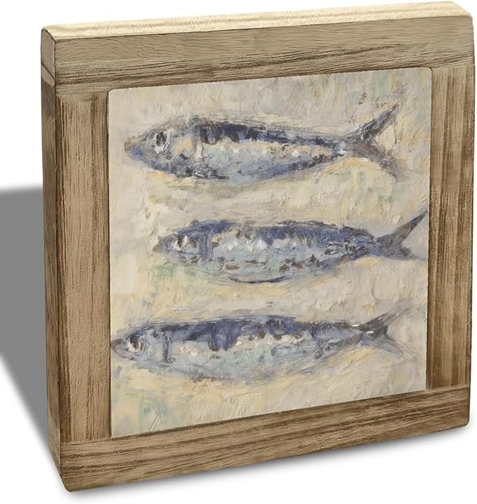 Three Sardines Framed Artwork, Hand-Painted Coastal Fish Oil Painting, Wooden Box Sign Decor for ... | Amazon (US)