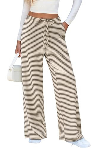 Zwurew Brown and Khaki Striped Wide Leg Pants Drawstring Elastic Waist Sweat Pants for Womens with Pockets Baggy Pants | Amazon (US)