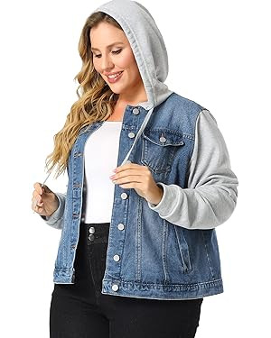 Agnes Orinda Women's Plus Size Layered Drawstring Hoodie Denim Jacket Jean Jackets with Pockets | Amazon (US)