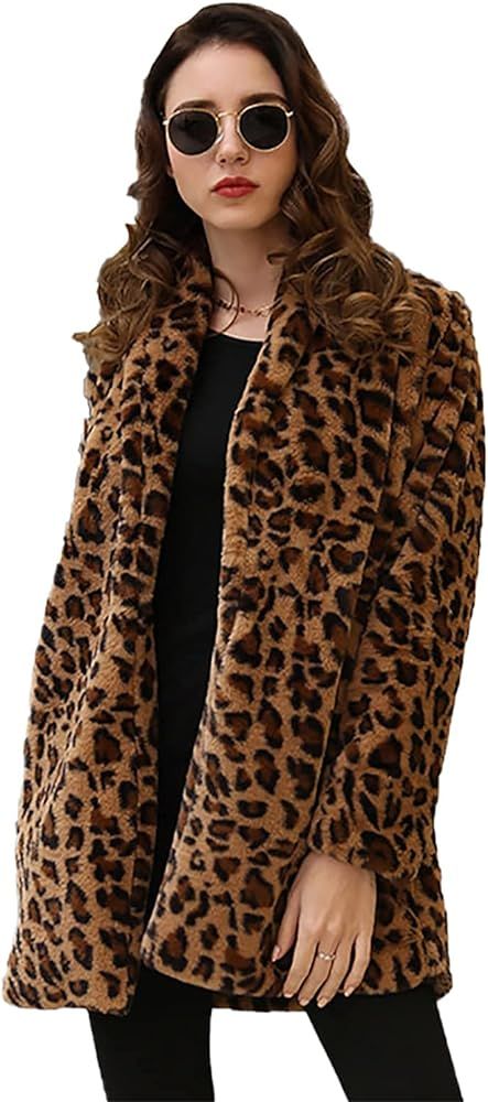 XIANIWTA Women's Winter Long Sleeve Coat Faux Fur Overcoat Plus Size Fluffy Top Jacket Leopard | Amazon (US)